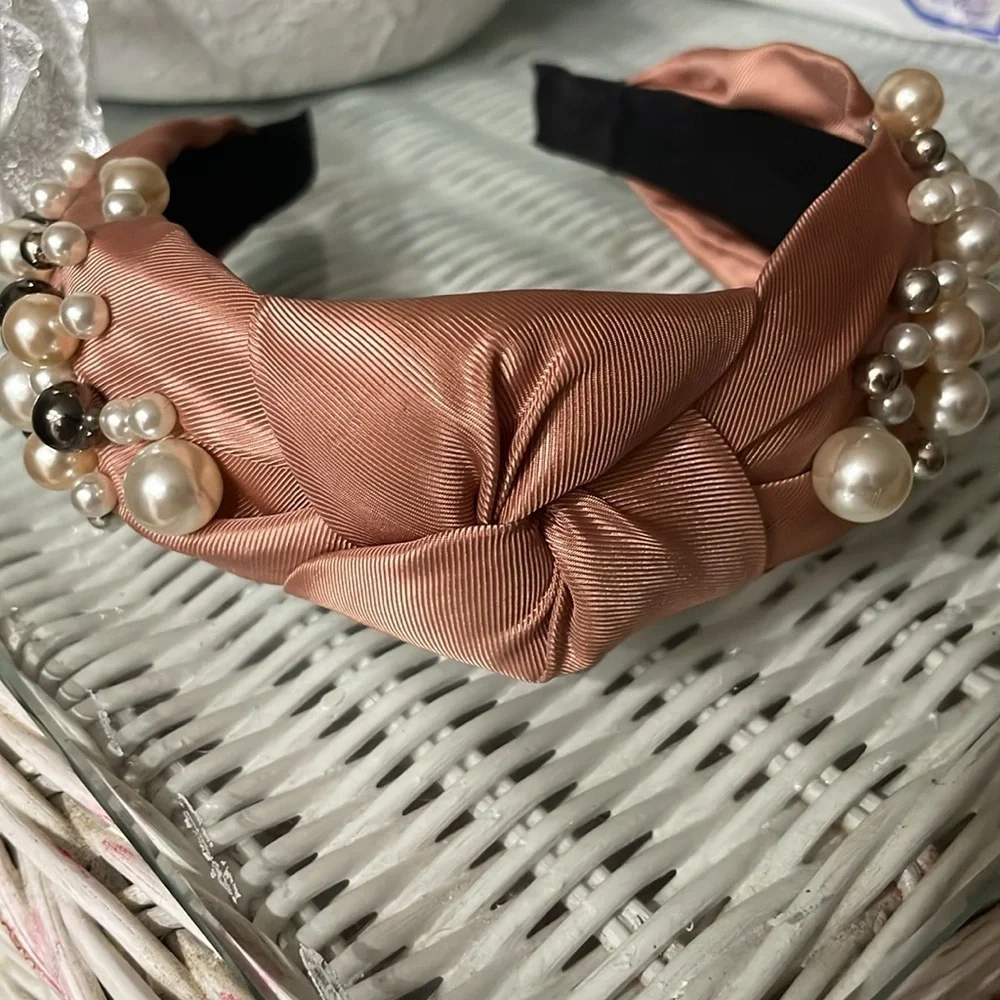 Pink Women's Fashion Wide Faux Pearl Bead Knotted Headband - New